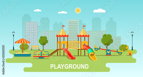 Children playground. Kindergarten playground with swings, slide, toy giraffe, carousel, sandbox. Flat vector illustration