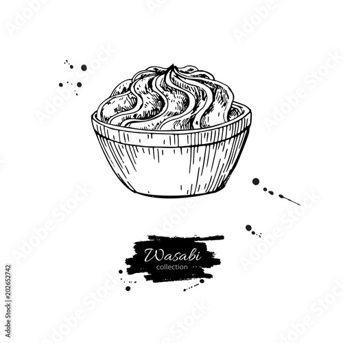 Wasabi sauce in bowl vector drawing. Hand drawn sushi ingridient