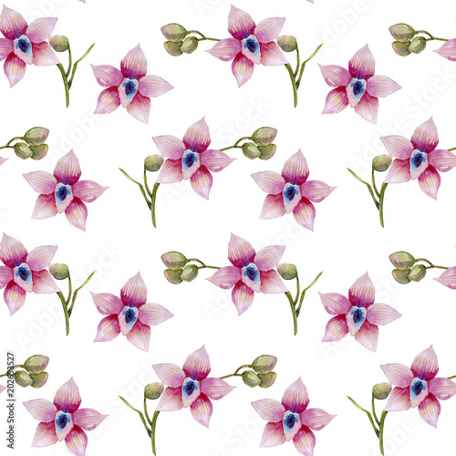 Fototapeta Naklejka Na Ścianę i Meble -  Watercolor pink orchids seamless pattern, hand painted on a white background