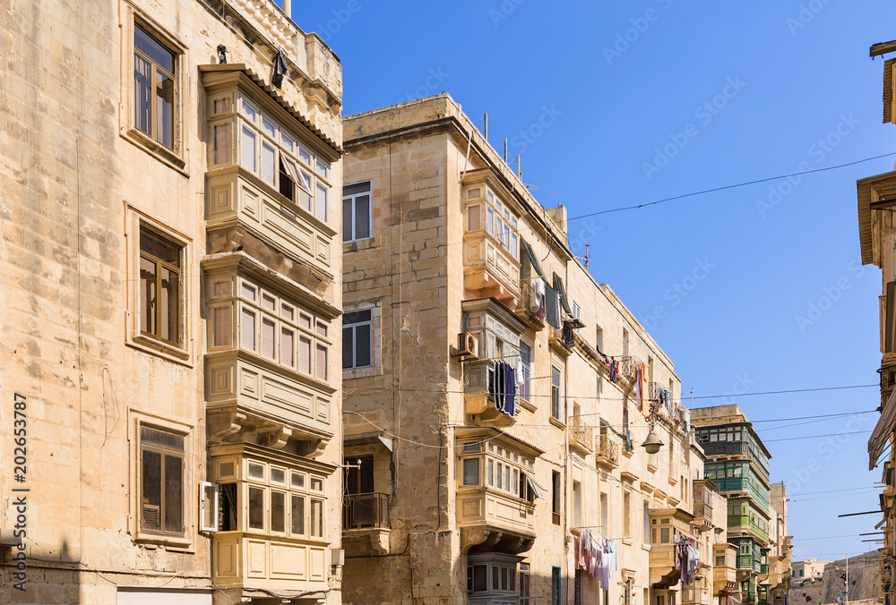 Valletta, Malta. Buildings with traditional balconies