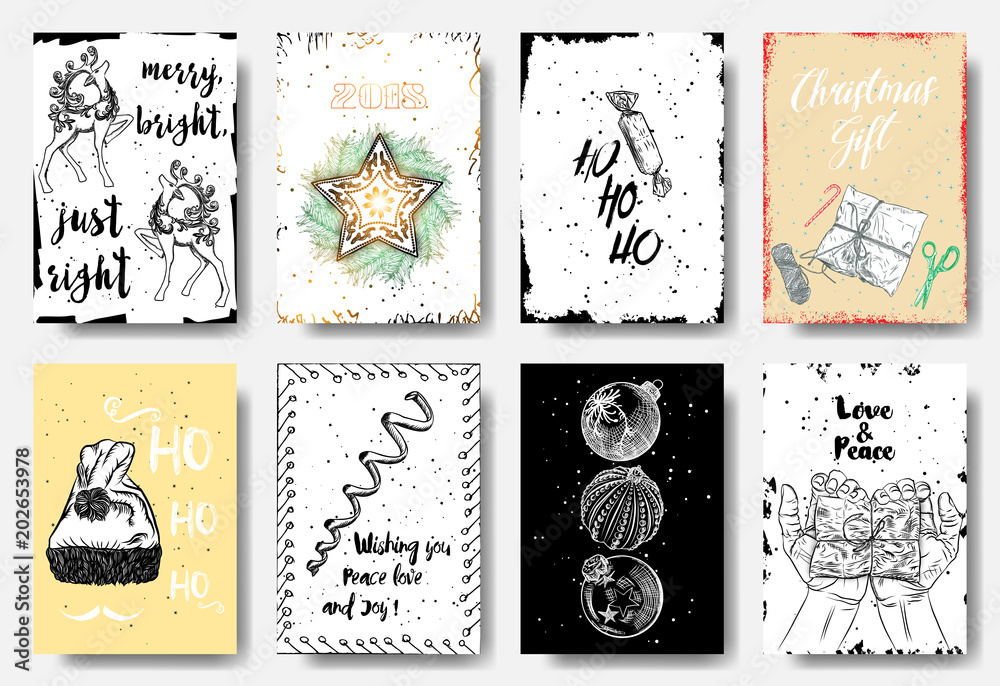 Set of 8 Merry Christmas and Happy New Year hand drawn greeting cards. Merry Bright just Right, 2018, ho ho ho, Christmas Gift, wishing you peace love and joy, Love and Peace. Vector.
