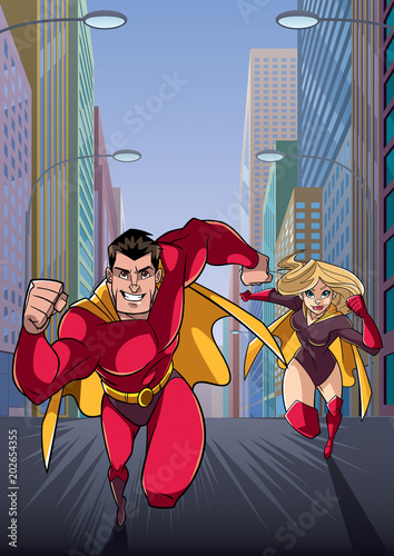 Cartoon illustration of superhero couple running fast through a city street, with the hero leading.