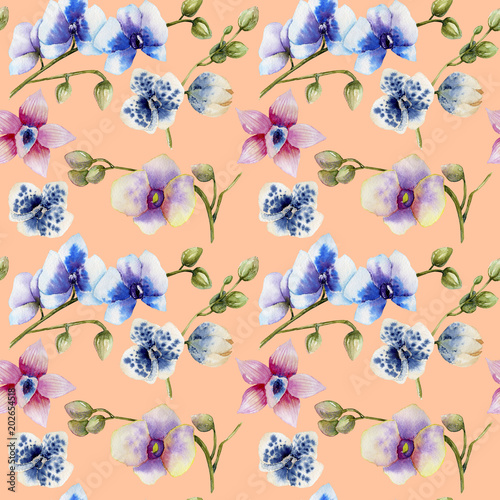 Watercolor multicolored orchids of different varieties seamless pattern  hand painted on a peach background