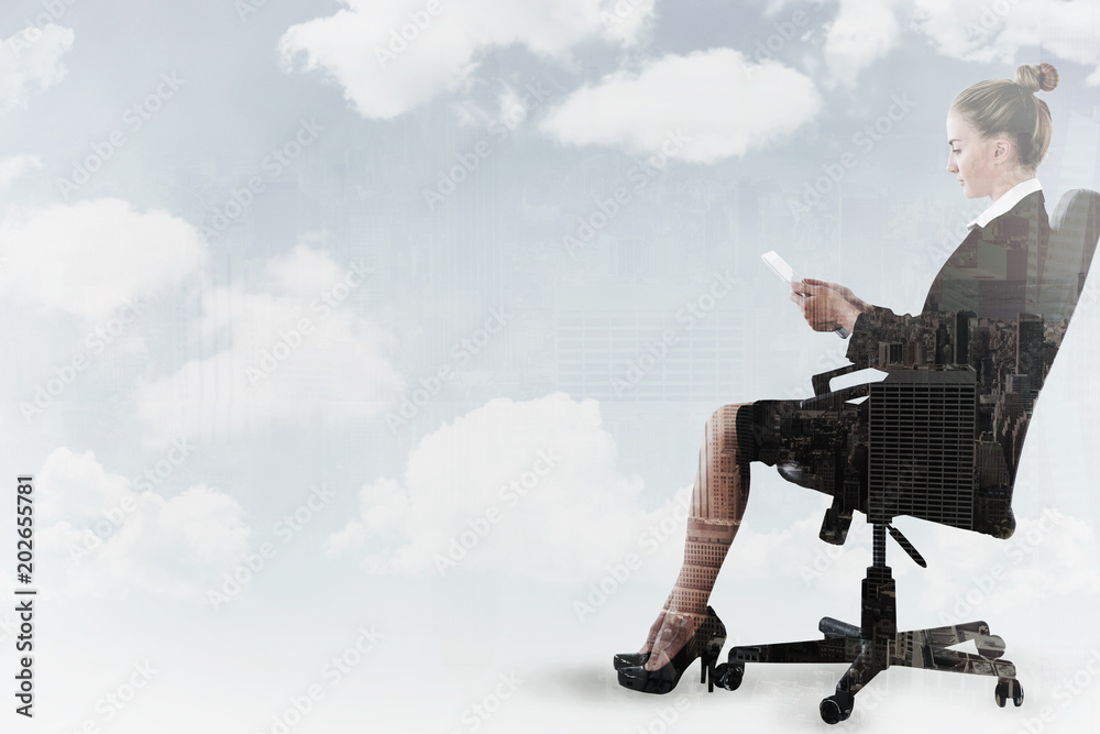 Businesswoman sitting on swivel chair with tablet against new york skyline Businesswoman sitting on swivel chair with tablet against new york skyline