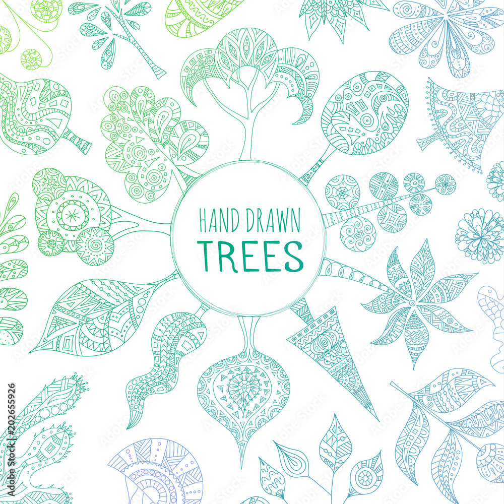 Doodle trees around the round frame. Vector. Hand-drawn plants. A set of elements for the coloring page.