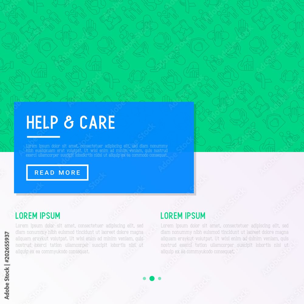 Help and care concept with thin line icons: symbols of support, help for children and disabled, togetherness, philanthropy and donation. Modern vector illustration, template for print media.
