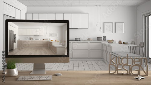 Architect designer project concept  wooden table with house keys  3D letters words kitchen design and desktop showing draft  blueprint CAD sketch in the background  white interior designn