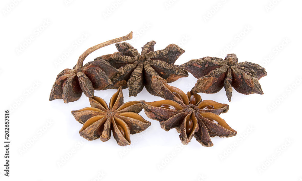 Chinese star anise spice fruits and seed isolated over the white background Chinese star anise spice fruits and seed isolated over the white background
