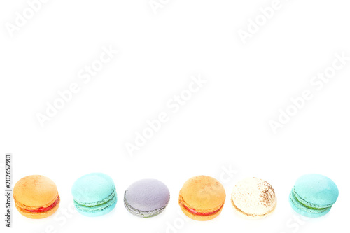 Cake macaron or macaroon on white background from above, colorful pastel colors, vintage card, top view, with clipping part