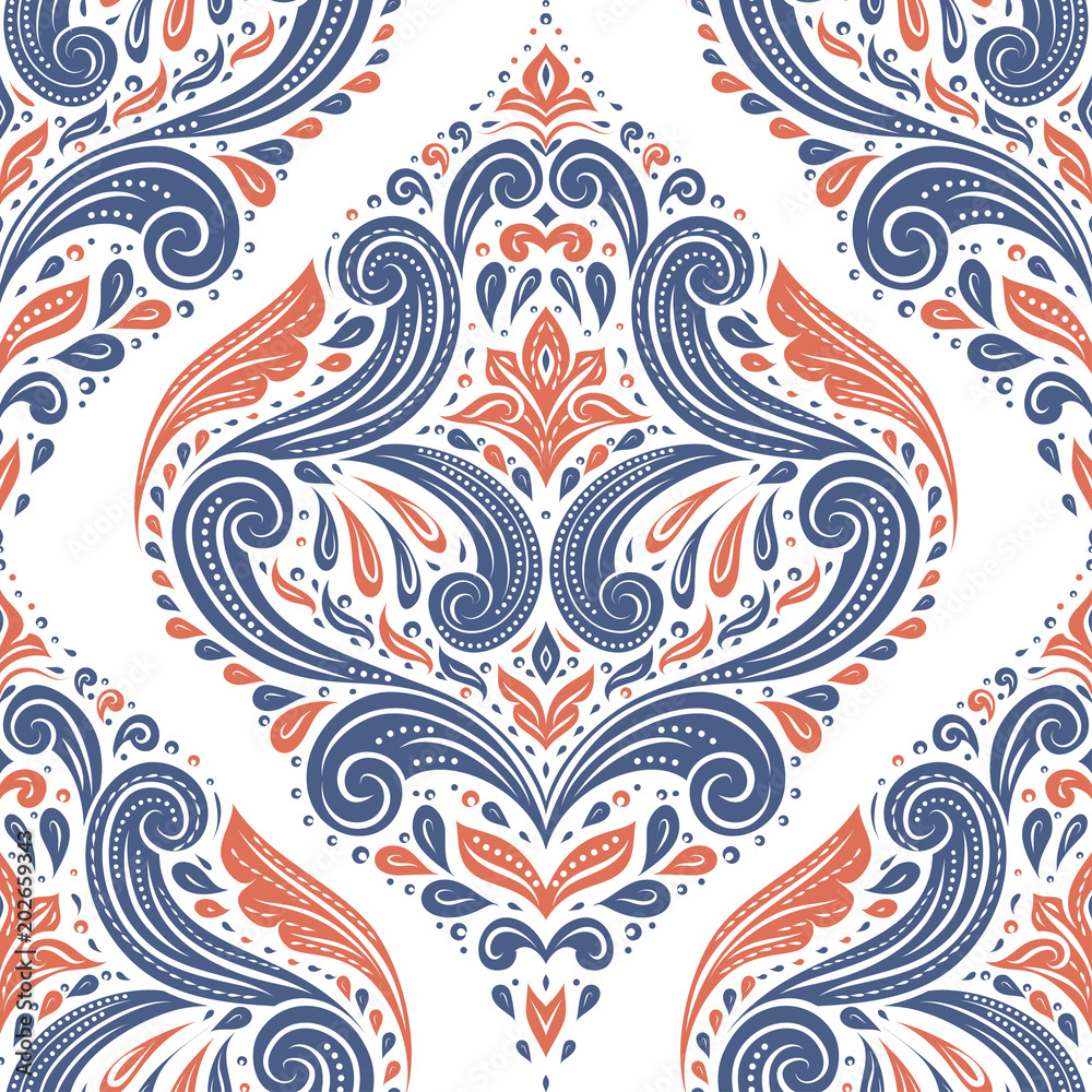 Blue and orange damask seamless pattern on a white background
