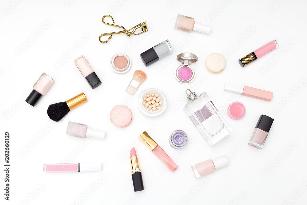 Set of decorative cosmetics on a light background. Flat lay Set of decorative cosmetics on a light background. Flat lay