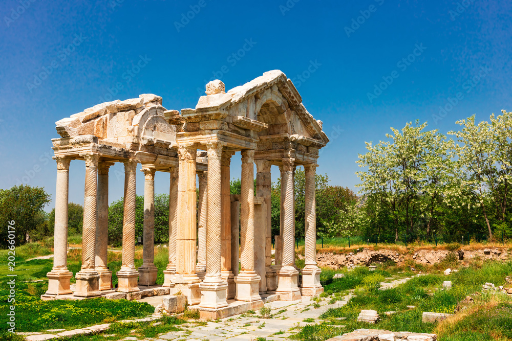 The Tetrapylon (monumental gate) at an archaeological site of Helenistic city of Aphrodisias in  western Anatolia, 