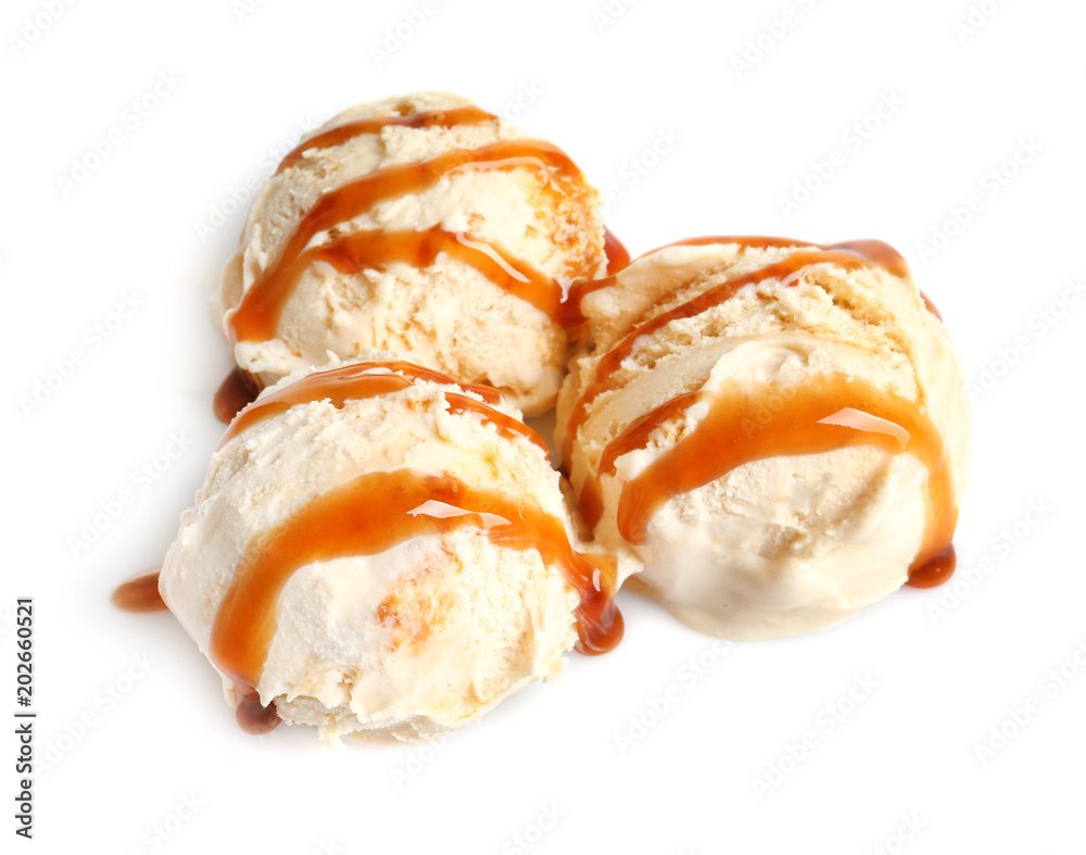 Tasty ice cream with caramel sauce on white background Tasty ice cream with caramel sauce on white background