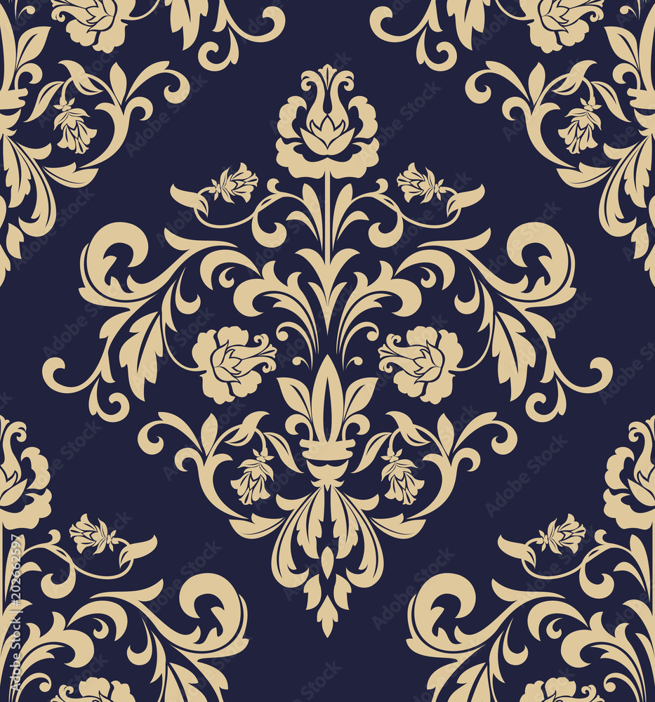 Navy Blue Floral Silhouette Seamless Pattern on Luxury Elegant Gold  Background Wrapping Paper by Minimal By Tafida