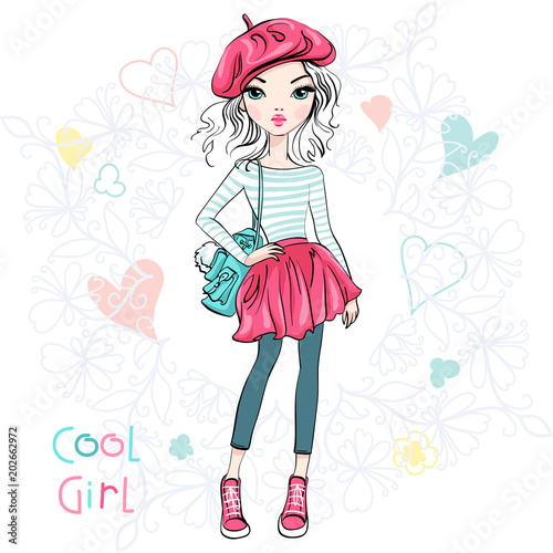 Cute beautiful girl in a summer skirt and blouse, hat beret and with backpack