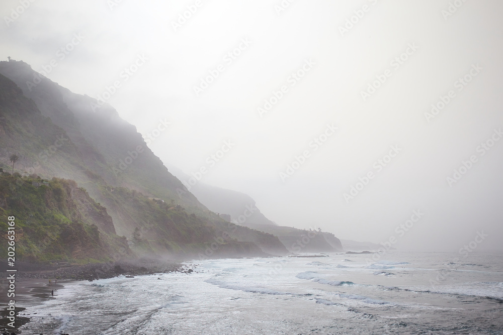 Misty island,Mysterious seascape in light fog.