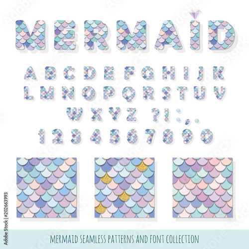 Mermaid font and seamless patterns set. For birthday cards, posters. Vector