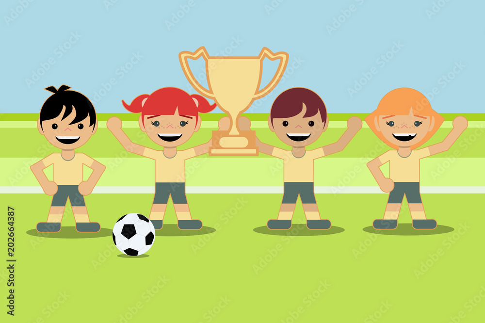 boys and girls playing with a soccer ball on the same team. They have won the tournament cup. flat style design