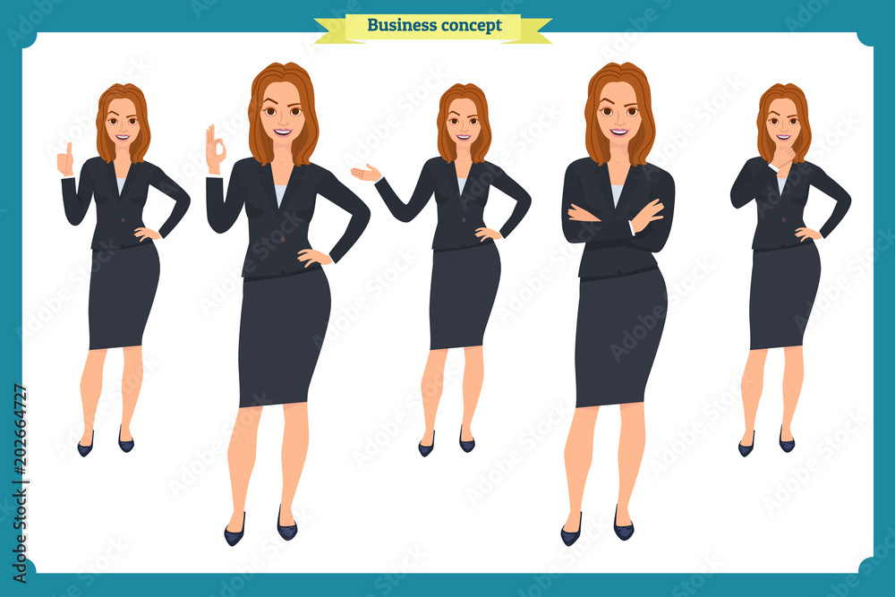 Obraz premium Set of young businesswoman presenting in different poses.People character. Standing, Woman body template for design, presentations work.Isolated on white. Flat style.business