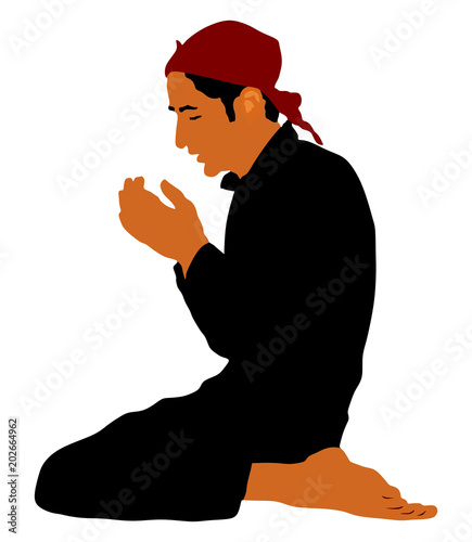 Islamic religion. Pose of muslim man praying vector silhouette illustration isolated on white background.  Islam prayer. Mohammedan in mosque. religious practice. faith in God. Allah is great. Islam.