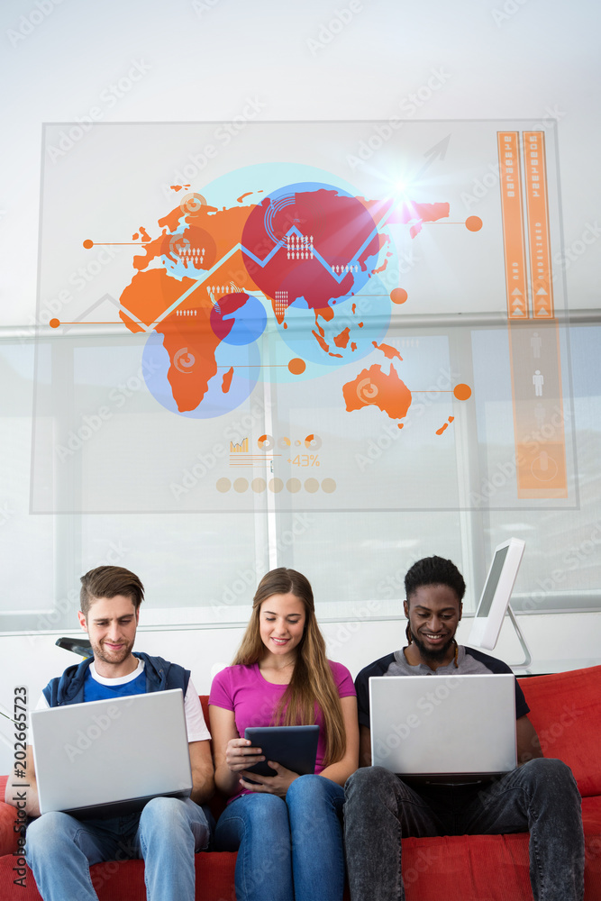Fotografie Futuristic interface with the world map  against creative team in office