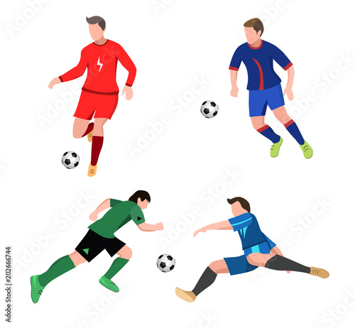 Set of soccer Players in top form with the ball. Football players isolated on white background. vector illustration in flat style.