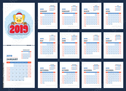 2019 calendar planning. Cartoon pig. Color template. Week starts on Sunday