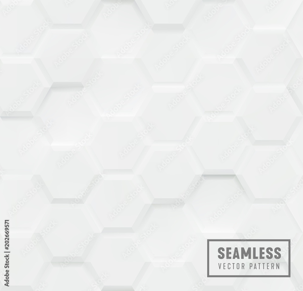Fototapeta Seamless hexagon with bevel pattern, White geometric background, 3d polygon volumetric vector backdrop.