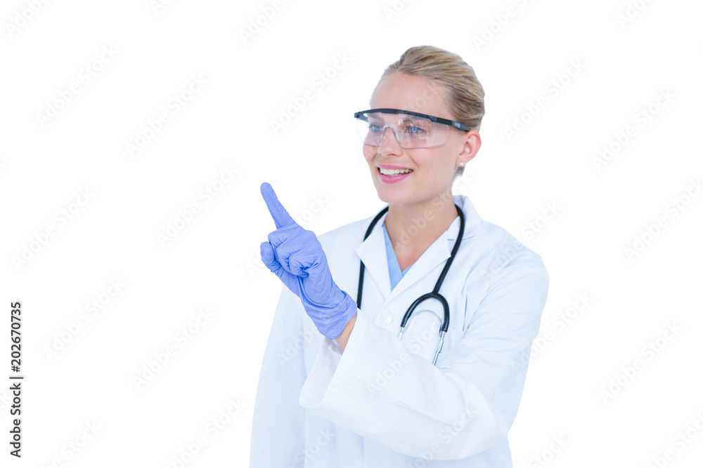 Blonde doctor with hands raised and wearing protective glasses Blonde doctor with hands raised and wearing protective glasses