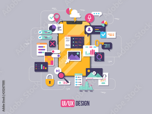 The process of developing interface for smartphone. Flat design template for mobile app and website design development with included UI UX elements.
