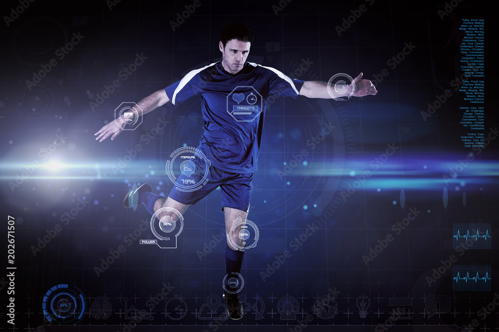 Football player in blue kicking against blue dots on black background Football player in blue kicking against blue dots on black background
