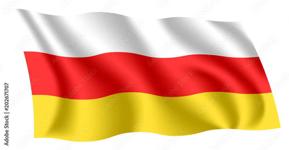 South Ossetia flag. Isolated national flag of Tskhinvali. Waving flag of South Ossetia. Fluttering textile ossetian flag. South Ossetia flag. Isolated national flag of Tskhinvali. Waving flag of South Ossetia. Fluttering textile ossetian flag.