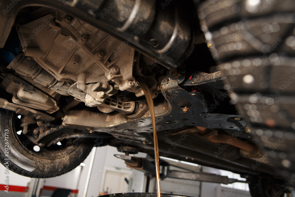 Oil change in automatic transmission. Filling the oil through the hose. Car maintenance station. Red gear oil. The hands of the car mechanic in oil.