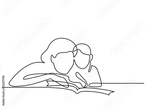 Logo with mother and her baby reading book. Continuous line drawing vector illustration. Concept for logo, card, banner, poster, flyer