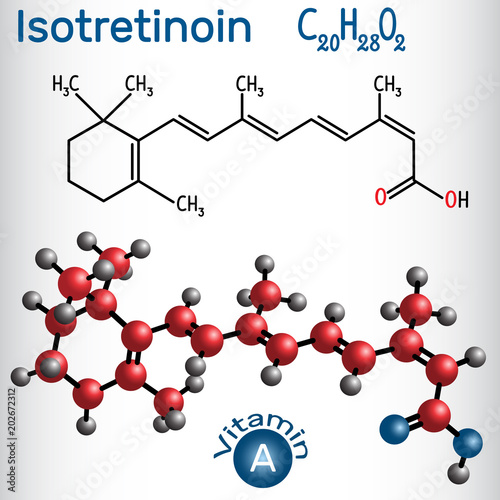 Isotretinoin is a retinoid, it is related to vitamin A  Structural chemical formula and molecule model photo
