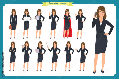 Set of young businesswoman presenting in different poses.People character. Standing, Woman body template for design, presentations work.Isolated on white. Flat style.business