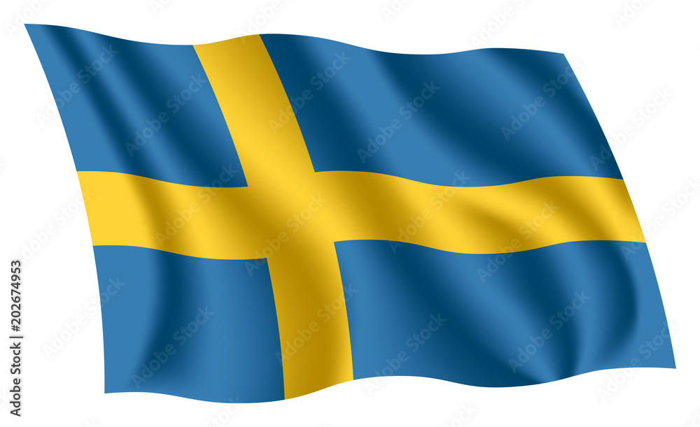Sweden flag. Isolated national flag of Sweden. Waving flag of the Kingdom of Sweden. Fluttering textile swedish flag.
