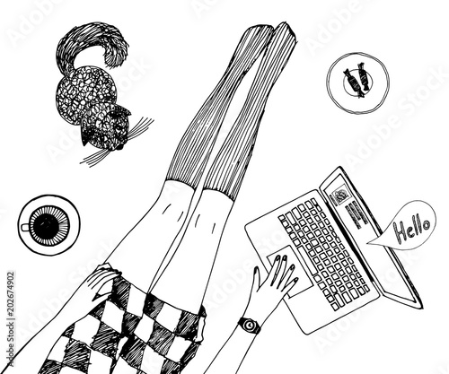 Young pretty woman with cat is chatting online. Long beutiful legs in stockings and short dress. Hand drawn vector sketch. Black line on white background