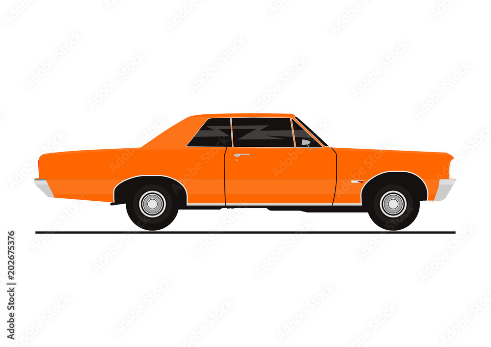 Vector sticker of retro coupe car. Side view. Flat vector.