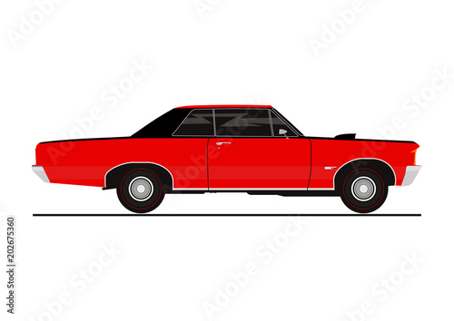 Vector sticker of retro coupe car. Side view. Flat vector.