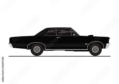 Vector sticker of retro coupe car. Side view. Flat vector.
