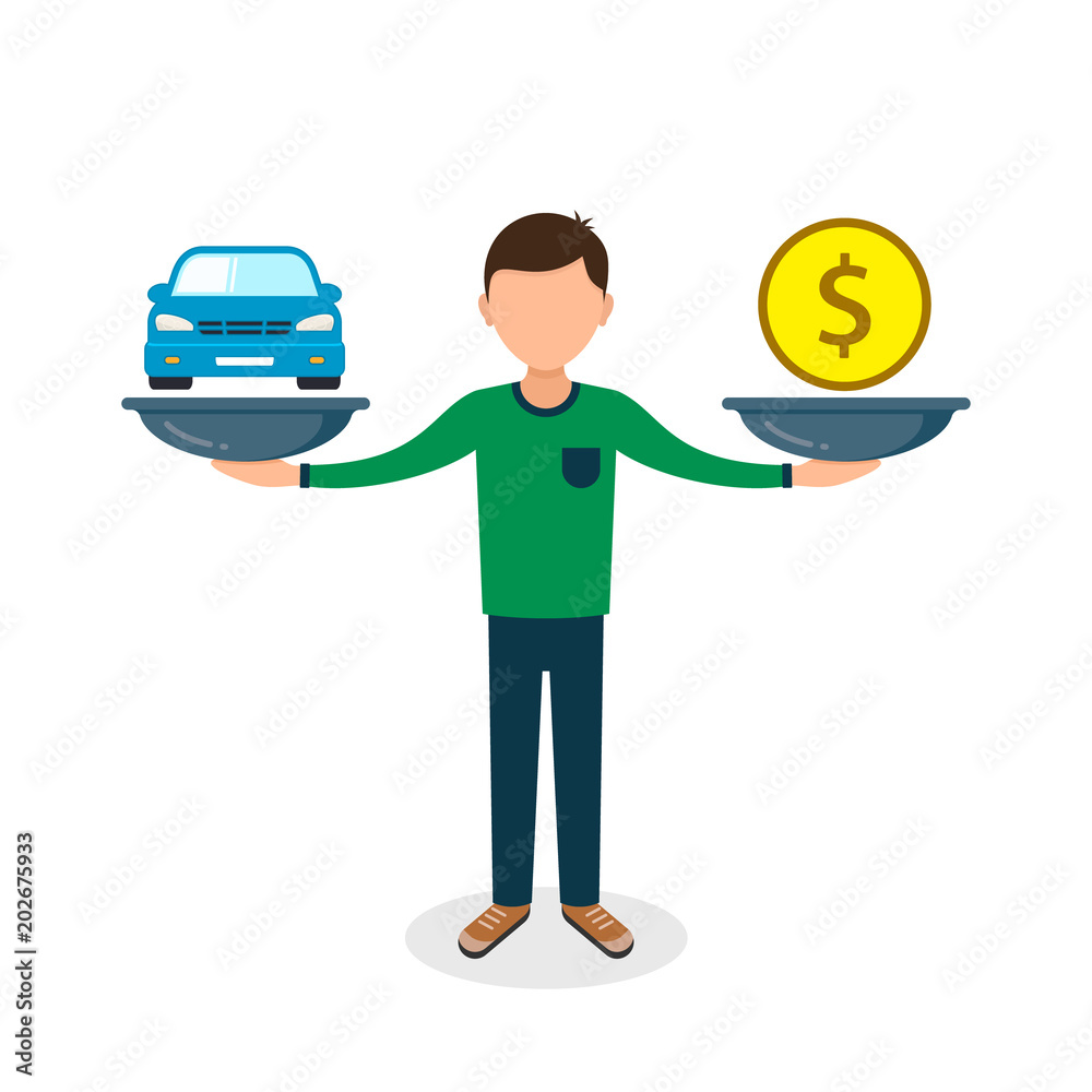 Car and money on scales, man balances car and coin on scale, vector color flat style concept Car and money on scales, man balances car and coin on scale, vector color flat style concept