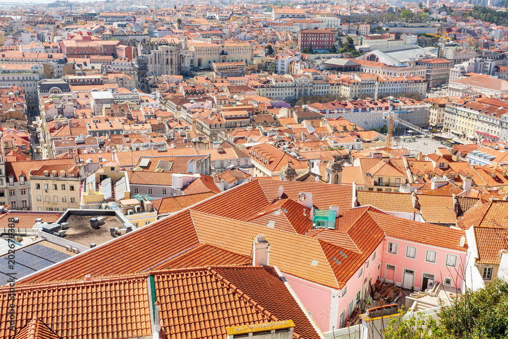 Old Lisbon Portugal panorama. cityscape with roofs. Tagus river. miraduro viewpoint. View from sao jorge castle
