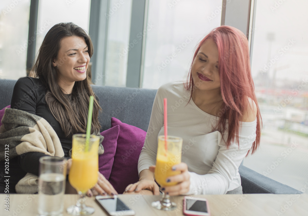 Portrait of two young beautiful women at coffee shop, girl talk. Portrait of two young beautiful women at coffee shop, girl talk.