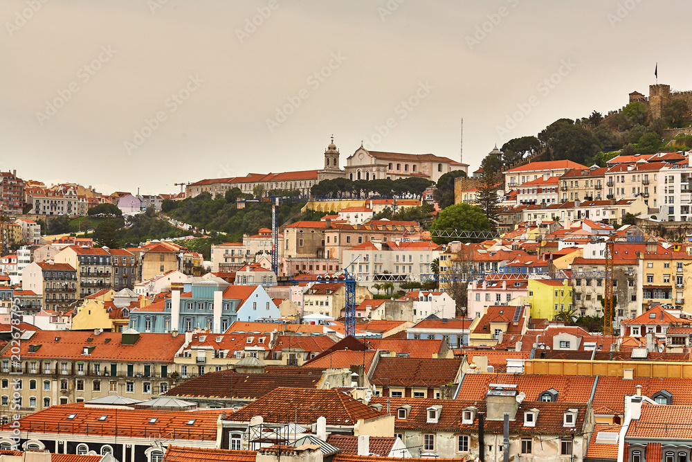 Old Lisbon Portugal panorama. cityscape with roofs. Tagus river. miraduro viewpoint