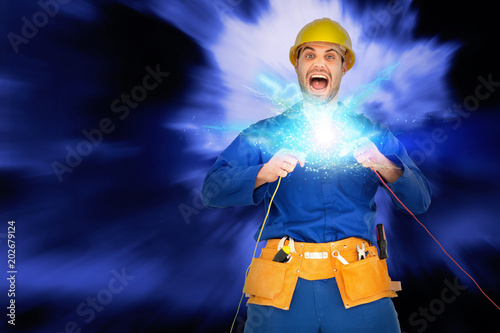 Repairman screaming while holding wires against blue sky with white clouds