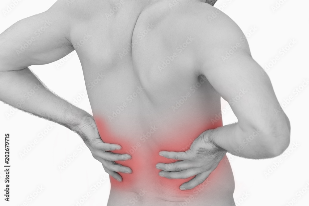 Rear view of muscular man with backache over white background Rear view of muscular man with backache over white background