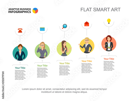 Business ladies in company slide template. Chart, design. Creative concept for infographic, report. Can be used for topics like career, duties, departments