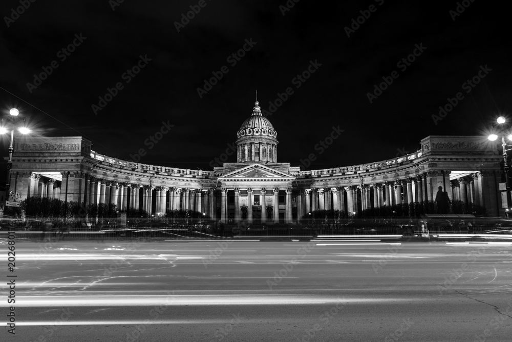 Panorama of Cathedral of Our Lady of Kazan, Russian Orthodox Church in Saint Petersburg, Russia. Black and white