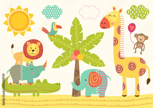 baby jungle animals near the palm tree - vector illustration  eps  